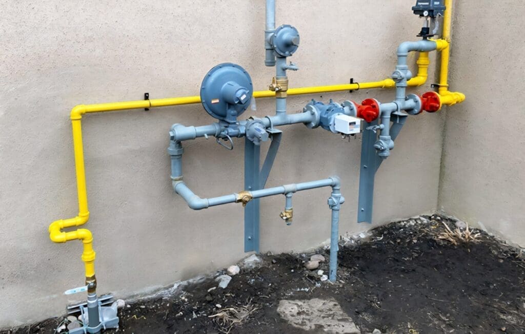 Gas piping and regulators installed on an exterior wall